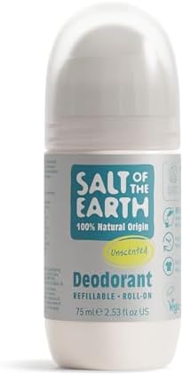 Salt Of the Earth Refillable Natural Deodorant Roll On Unscented - Effective Protection, 100% Natural, Eco friendly, Vegan, Suitable for Women, Men & Kids - 75ml