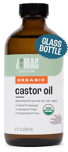J MAC BOTANICALS Organic Castor Oil Cold Pressed in Amber Glass Bottle (4oz, NO DROPPER) USDA Certified, Hexane Free - Moisturizing Oil for Hair, Skin, Face, Eyelashes, Brows, Nails, and Castor Wraps
