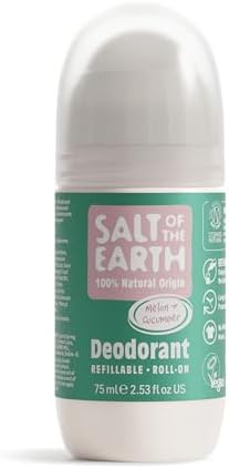 Salt Of the Earth Refillable Natural Deodorant Roll On Unscented - Effective Protection, 100% Natural, Eco friendly, Vegan, Suitable for Women, Men & Kids - 75ml