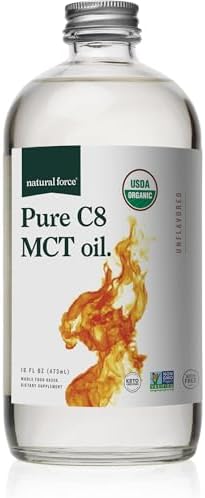 Natural Force Organic Pure C8 MCT Oil – Liquid MCT Oil in Glass Bottle Container – Concentrated Caprylic Acid – Keto, Paleo, Kosher, Vegan & Non-GMO – Lab Tested for Quality and Purity, 16 Ounce