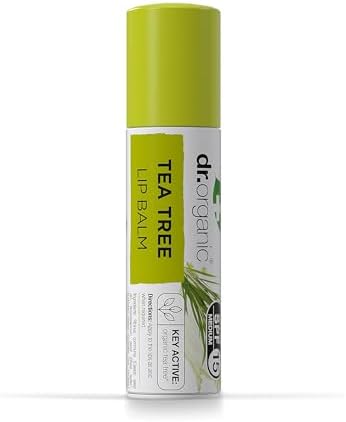 Dr Organic Tea Tree Lip Balm, Moisturising, SPF 15, Mens, Womens, Natural, Vegetarian, Cruelty-Free, Paraben & SLS-Free, Recycled & Recyclable, Organic, 5.7ml, Packaging may vary