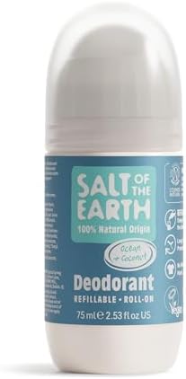 Salt Of the Earth Refillable Natural Deodorant Roll On Unscented - Effective Protection, 100% Natural, Eco friendly, Vegan, Suitable for Women, Men & Kids - 75ml