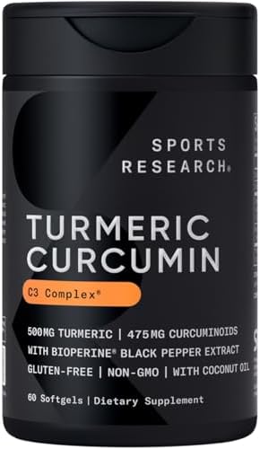 Sports Research Turmeric Curcumin C3 Complex - Softgels with Bioperine Black Pepper Extract & Organic Coconut Oil, Standardized 95% Curcuminoids - Non-GMO Verified & Gluten Free - 500mg, 120 Count