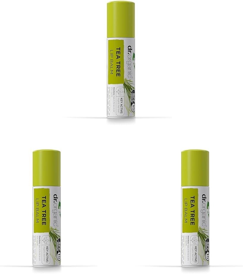 Dr Organic Tea Tree Lip Balm, Moisturising, SPF 15, Mens, Womens, Natural, Vegetarian, Cruelty-Free, Paraben & SLS-Free, Recycled & Recyclable, Organic, 5.7ml, Packaging may vary