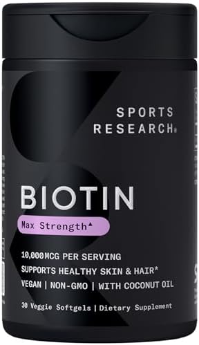 Sports Research® Biotin 5,000mcg with Organic Coconut Oil - Biotin (Vitamin B7) for Healthy Skin and Hair Support* - for Women and Men - Vegan, Non-GMO, Gluten & Soy-Free - 30 Veggie Softgels