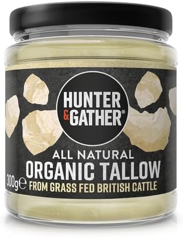 Hunter & Gather Organic Beef Tallow from Grass Fed British Cows 300g | Gluten Free, Seed Oil Free | Keto, Low Carb, Paleo I Ancestrally Inspired Nutrition I Simply 1 Ingredient I Glass Jar