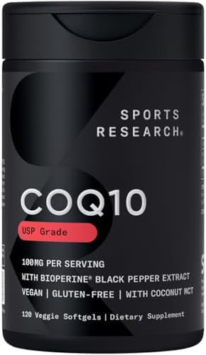 Sports Research CoQ10 (100mg) Enhanced w/Coconut Oil & Bioperine (Black Pepper) for Better Absorption | Vegan Certified, Non-GMO Verified (120 Veggie Softgels)