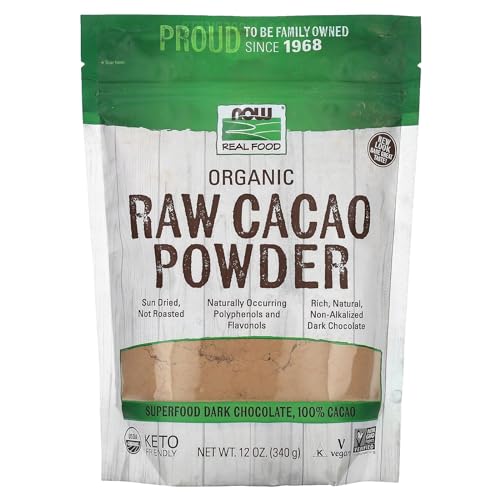 NOW Foods, Organic Raw Cacao Powder, with Polyphenols and Flavonols, Sun-Dried, Intensely Rich Flavor, 12-Ounce (Packaging May Vary)