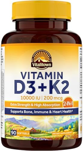 Vitalitown Vitamin D3 K2 Supplement, Vitamin D3 10000 IU Vitamin K2 (MK7) 200 mcg, 90 Softgels, Non-GMO, No Gluten & Soy, for Bone, Teeth, Immune & Heart Health