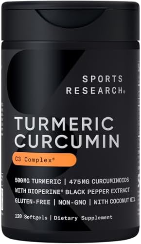 Sports Research Turmeric Curcumin C3 Complex - Softgels with Bioperine Black Pepper Extract & Organic Coconut Oil, Standardized 95% Curcuminoids - Non-GMO Verified & Gluten Free - 500mg, 120 Count