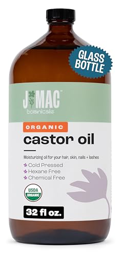 J MAC BOTANICALS Organic Castor Oil Cold Pressed in Amber Glass Bottle (4oz, NO DROPPER) USDA Certified, Hexane Free - Moisturizing Oil for Hair, Skin, Face, Eyelashes, Brows, Nails, and Castor Wraps