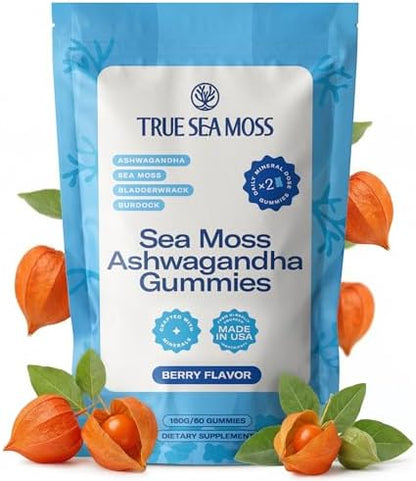TrueSeaMoss Sea Moss Gummies with Bladderwrack & Burdock Root – Vegan Formula for Adults & Kids – Fruity Flavor – 60 Gummies (Pouch May Vary)