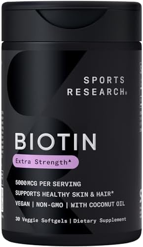 Sports Research® Biotin 5,000mcg with Organic Coconut Oil - Biotin (Vitamin B7) for Healthy Skin and Hair Support* - for Women and Men - Vegan, Non-GMO, Gluten & Soy-Free - 30 Veggie Softgels