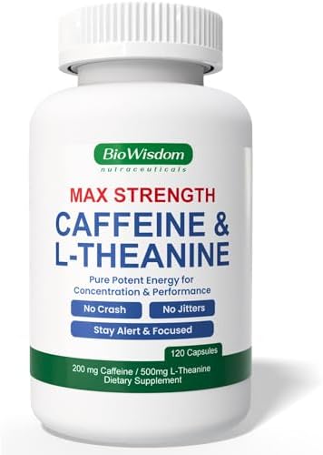 Max Strength Caffeine L Theanine Pills (200mg/500mg) - No Jitters Peak Energy, Focus, Performance, Alertness - Caffeine Pills & L-Theanine Capsules, No Crash & Drowsiness, Potent Supplement, 60 Count