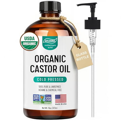 SYLVANA Organic Castor Oil (16oz Glass Bottle), USDA Certified Organic, Cold Pressed, Vegan, Hexane Free - 100% Pure Castor Oil for Nourishing Skin, Hair Growth, Lashes & Eyebrows
