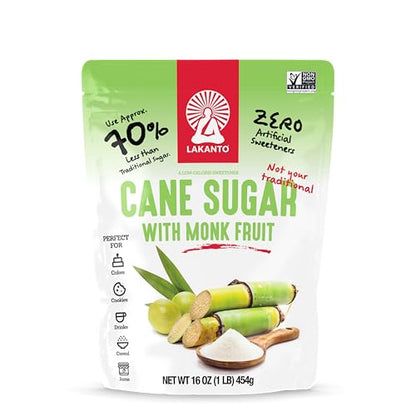 Lakanto Cane Sugar with Monk Fruit Sweetener - Reduced Sugar for Coffee, Tea, Cooking, Baking, Sauces, Smoothies, Oatmeal, Drinks, Jams, Syrup, Protein Shakes (1 lb)