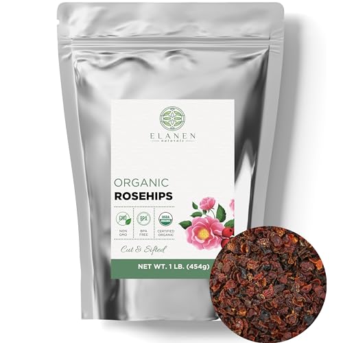 Elanen Naturals Organic Rose Hips 4 oz. (113g), USDA Certified Organic Rosehip Tea, Dried Rose Hips, Whole Rosehips Bulk, Cut & Sifted