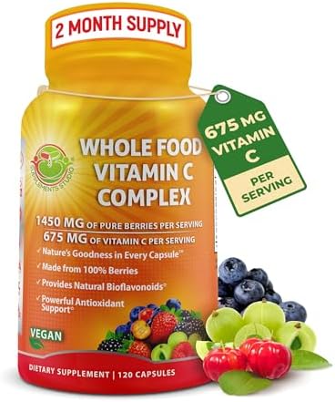 Whole Food Vitamin C Complex - 1450mg Organic Berries - 675 mg Vitamin C per Serving, High-Potency Antioxidant & Immune Support with Acerola, Amla and Natural Bioflavonoids - Vegan, Non-GMO, 120 Count