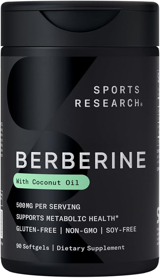 Sports Research Berberine Supplement with Coconut Oil - Herbal & Ayurvedic Metabolic Health Support - Berberine 500mg, 90 Softgels - Gluten-Free, Non-GMO Berberine Powder