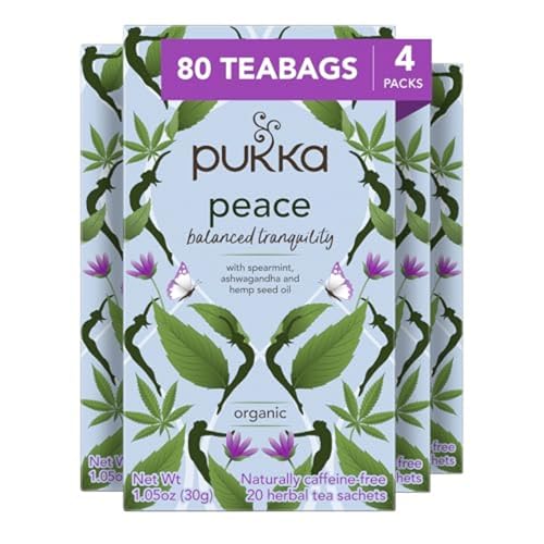 Pukka Peace Organic Tea Bags, Herbal Tea with Spearmint, Ashwagandha, and Hemp Seed Oil, Perfect for Balanced Tranquility, Caffeine Free, 80 Total Tea Bags.