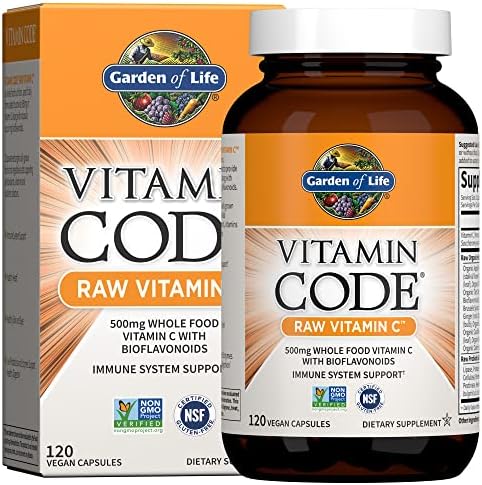 Garden of Life Raw Vitamin Code Vitamin C, 120 Vegan Capsules, 500mg Whole Food Vitamin C Supplements with Bioflavonoids, Fruits & Veggies, Probiotics, Gluten Free for Adults