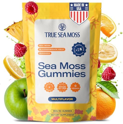 TrueSeaMoss Sea Moss Gummies with Bladderwrack & Burdock Root – Vegan Formula for Adults & Kids – Fruity Flavor – 60 Gummies (Pouch May Vary)