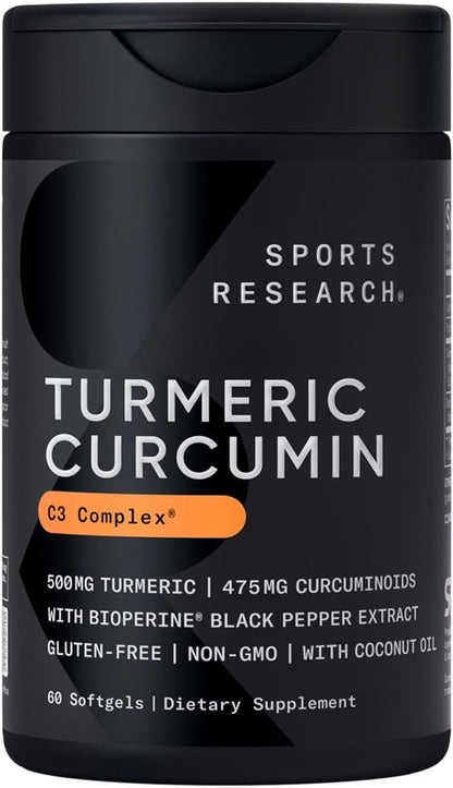 Sports Research Turmeric Curcumin C3 Complex - Softgels with Bioperine Black Pepper Extract & Organic Coconut Oil, Standardized 95% Curcuminoids - Non-GMO Verified & Gluten Free - 500mg, 120 Count