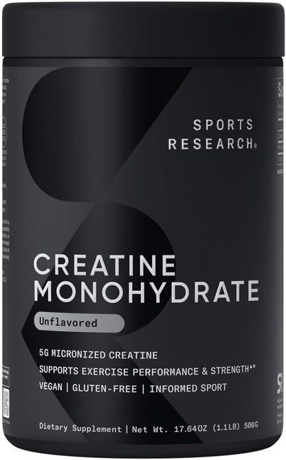 Sports Research® Creatine Monohydrate Capsules - May Support Workout Recovery, Lean Muscle gain, Performance and Strength* - Non-GMO, Vegan Certified - 5g per Servings - 30 Servings
