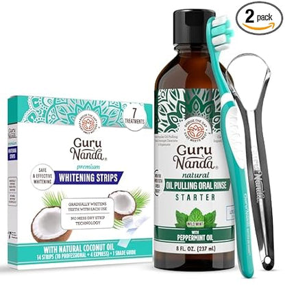GuruNanda Coconut Oil Dental Care: Whitening Strips + Oil Pulling - Helps Brighten Teeth, Freshen Breath, Healthy Gums - 14 Strips + 8oz for Complete Oral Care