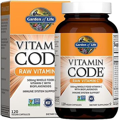 Garden of Life - Vitamin Code Raw VitaminC - 120 Vegan Capsules, 500mg Whole Food VitaminC with Bioflavonoids, Fruits & Veggies, Probiotics, Gluten Free Vitamin-C Supplements for Adults