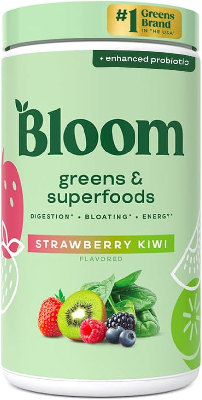 Bloom Nutrition Greens and Superfoods Powder for Digestive Health, Greens Powder, Digestive Enzymes, Probiotics, Spirulina, Chlorella for Bloating & Gut Support, Green Juice, 30 SVG, Strawberry Kiwi