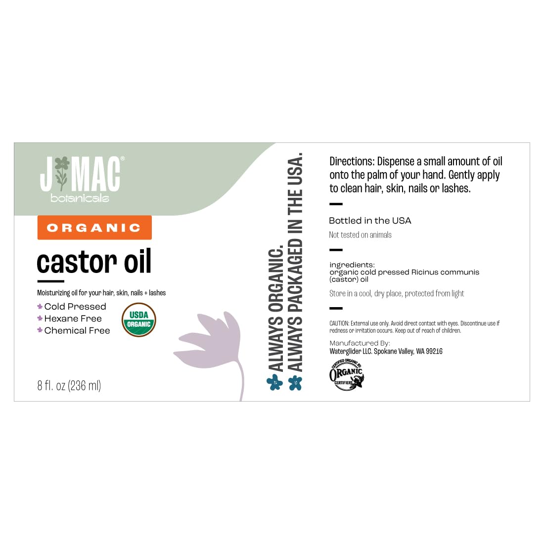 Organic Castor Oil, Cold Pressed (16 oz) BPA Free, Castor hexane free, for face, skin, eyelashes, Certified USDA Organic