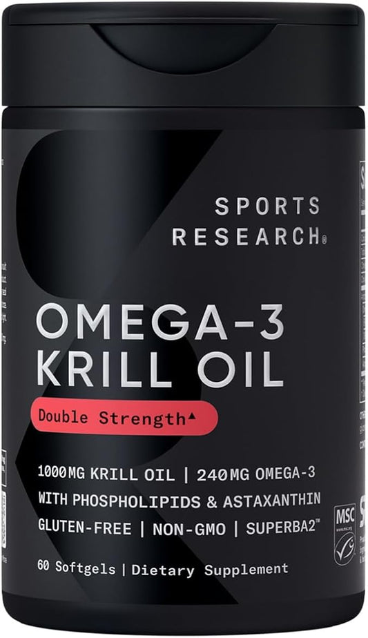 Sports Research Antarctic Krill Oil Omega 3 Softgels 1000mg (Double Strength) with Phospholipids, Choline & Astaxanthin - Sustainably Sourced, Non-GMO Verified & Gluten Free - 60 Capsules
