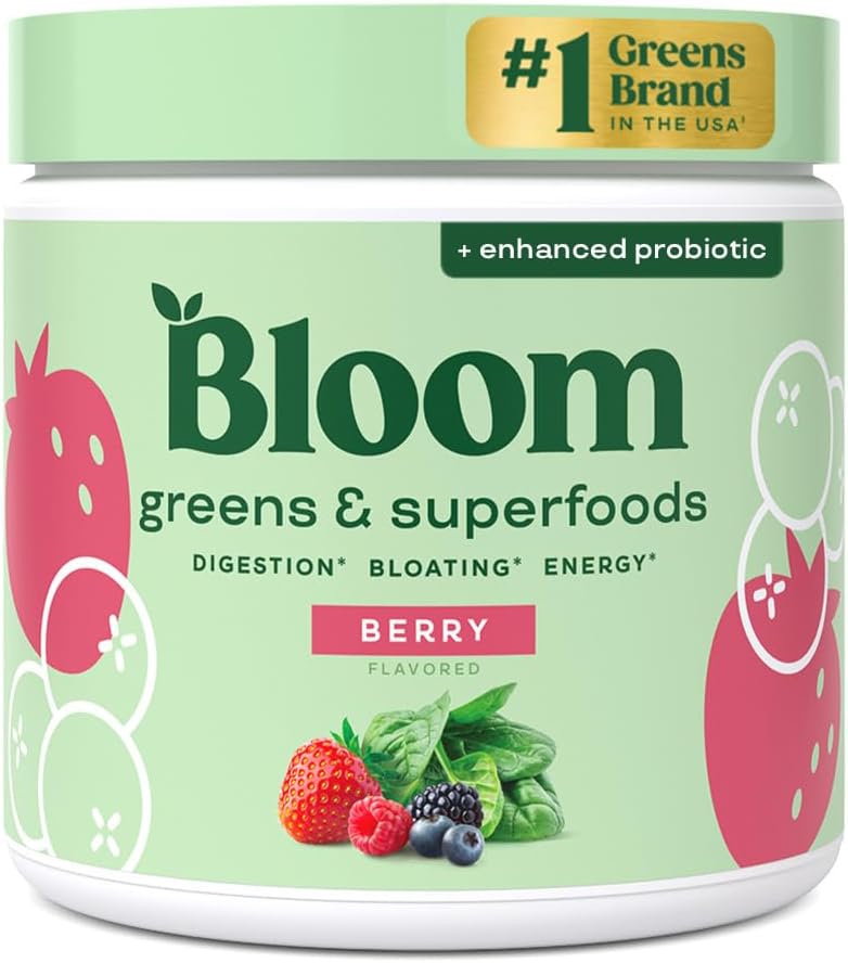 Bloom Nutrition Greens and Superfoods Powder for Digestive Health, Greens Powder, Digestive Enzymes, Probiotics, Spirulina, Chlorella for Bloating & Gut Support, Green Juice, 30 SVG, Strawberry Kiwi