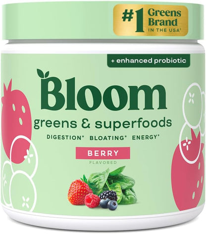 Bloom Nutrition Greens and Superfoods Powder for Digestive Health, Greens Powder, Digestive Enzymes, Probiotics, Spirulina, Chlorella for Bloating & Gut Support, Green Juice, 30 SVG, Strawberry Kiwi