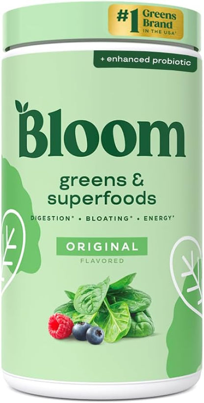Bloom Nutrition Greens and Superfoods Powder for Digestive Health, Greens Powder, Digestive Enzymes, Probiotics, Spirulina, Chlorella for Bloating & Gut Support, Green Juice, 30 SVG, Strawberry Kiwi