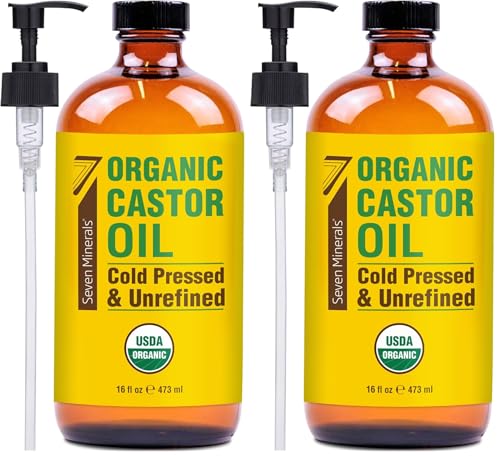 Seven Minerals New 16 fl oz Glass Bottle Castor Oil Organic Cold Pressed Unrefined Glass Bottle Pack - 100% Pure USDA Certified Organic Hexane Free