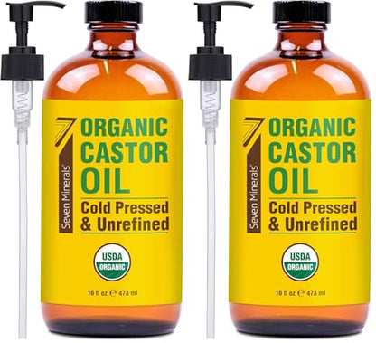 Seven Minerals New 16 fl oz Glass Bottle Castor Oil Organic Cold Pressed Unrefined Glass Bottle Pack - 100% Pure USDA Certified Organic Hexane Free