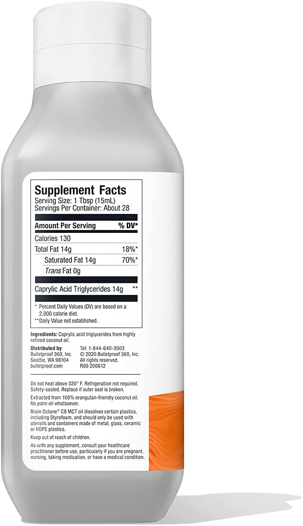 Bulletproof Coconut Brain Octane C8 MCT Oil, 16 Ounces, Premium Keto Supplement for Sustained Energy, Brain and Body Fuel, Unflavored, Add to Coffee and Smoothies, Packaging May Vary