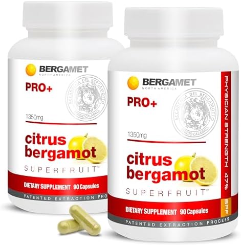 BergaMet Citrus Bergamot SuperFruit PRO+ Supplement, 200:1 Extract, 1350mg, 80% Polyphenols, Olive Leaf Extract, 47% BPF, World's Strongest, 90 Capsules, 1 Month, Made in the USA