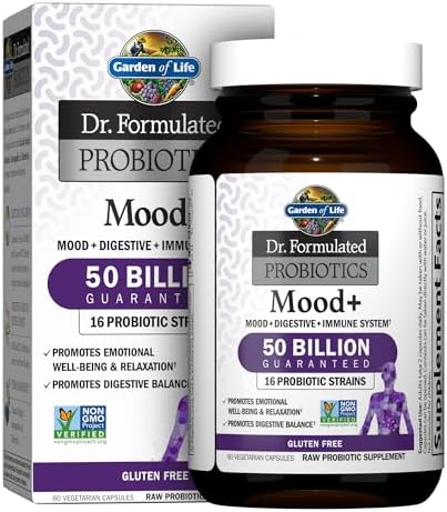 Garden of Life Probiotics Mood+ Dr Formulated Acidophilus Probiotic Supplement - Promotes Emotional Well-Being, Relaxation and Digestive Balance - Ashwagandha for Stress Management, 60 Veggie Caps