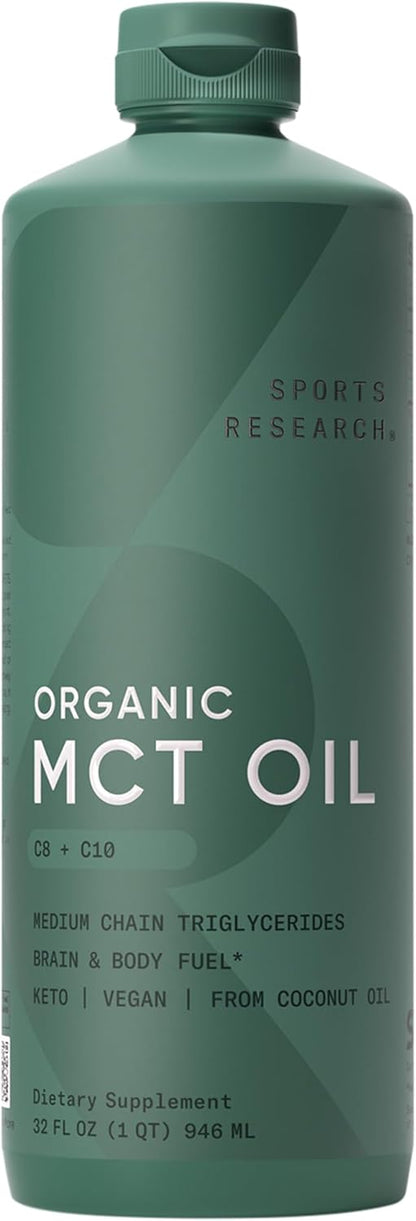 Sports Research Keto MCT Oil from Organic Coconuts - Fatty Acid Fuel for Body + Brain - Single Ingredient C8 Caprylic Acid - Perfect in Coffee, Tea, & More - Non-GMO & Vegan - Unflavored (16 Oz)