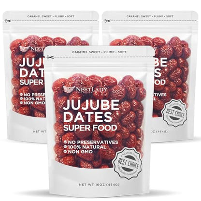 NESTLADY Premium Jujube Date, Red Date (Hong Zao), 100% Natural, Improve sleep, Health Snack, Dried Fruit, Sweet and Chewy Net weight: 454g (1LB),Packed in USA