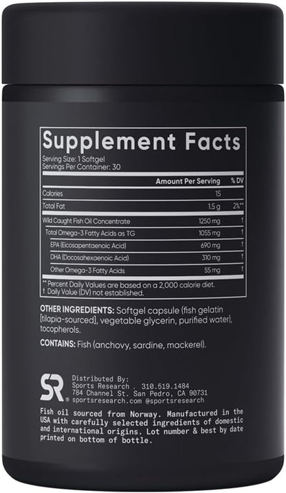 Sports Research Omega-3 Fish Oil, Triple Strength, 30 Softgels
