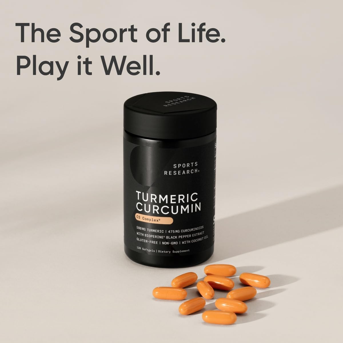 Sports Research Turmeric Curcumin C3 Complex - Softgels with Bioperine Black Pepper Extract & Organic Coconut Oil, Standardized 95% Curcuminoids - Non-GMO Verified & Gluten Free - 500mg, 120 Count