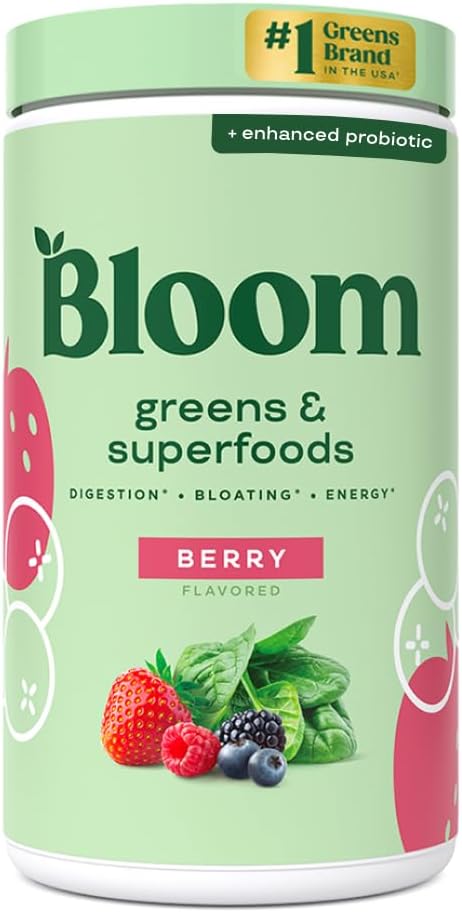Bloom Nutrition Greens and Superfoods Powder for Digestive Health, Greens Powder, Digestive Enzymes, Probiotics, Spirulina, Chlorella for Bloating & Gut Support, Green Juice, 30 SVG, Strawberry Kiwi