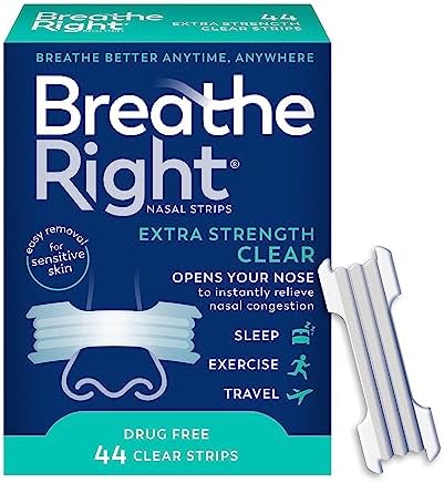 Breathe Right Nasal Strips, Extra Strength Clear Nose Strips, Drug Free Nasal Congestion Relief for Better Breathing, Help Relieve Snoring, Caused by Colds & Allergies, Deviated Septum, 44ct
