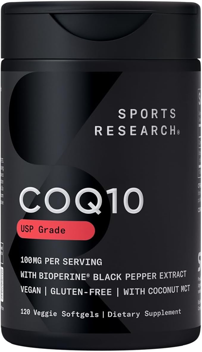 Sports Research CoQ10 (100mg) Enhanced w/Coconut Oil & Bioperine (Black Pepper) for Better Absorption | Vegan Certified, Non-GMO Verified (120 Veggie Softgels)