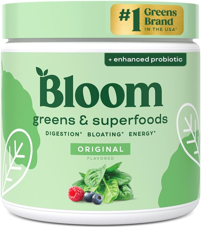 Bloom Nutrition Greens and Superfoods Powder for Digestive Health, Greens Powder, Digestive Enzymes, Probiotics, Spirulina, Chlorella for Bloating & Gut Support, Green Juice, 30 SVG, Strawberry Kiwi