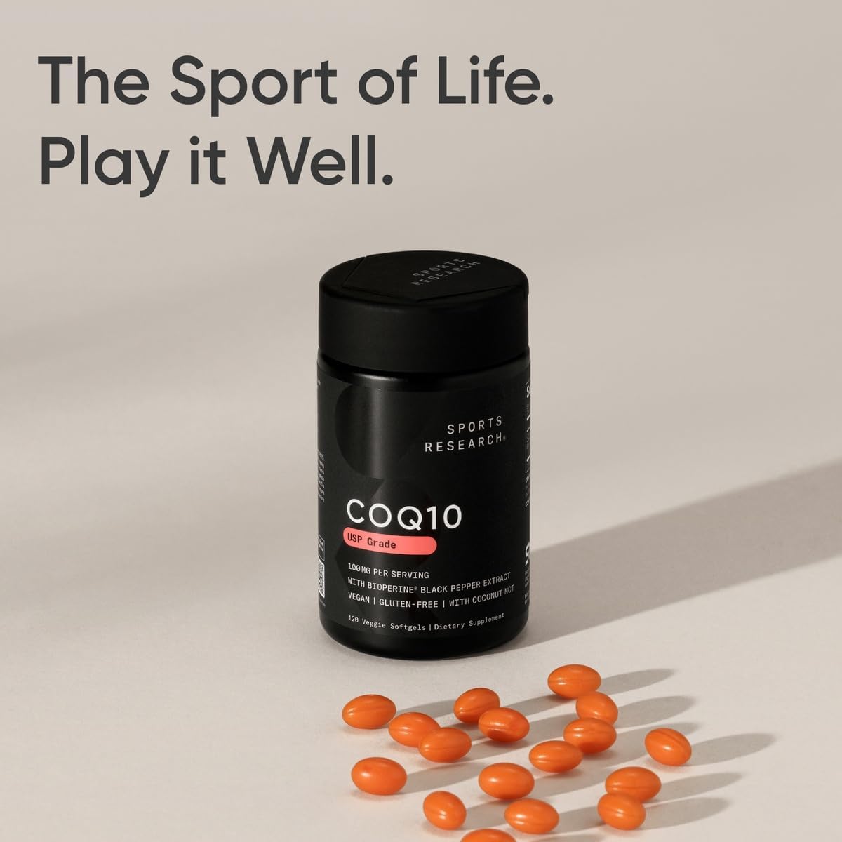 Sports Research CoQ10 (100mg) Enhanced w/Coconut Oil & Bioperine (Black Pepper) for Better Absorption | Vegan Certified, Non-GMO Verified (120 Veggie Softgels)